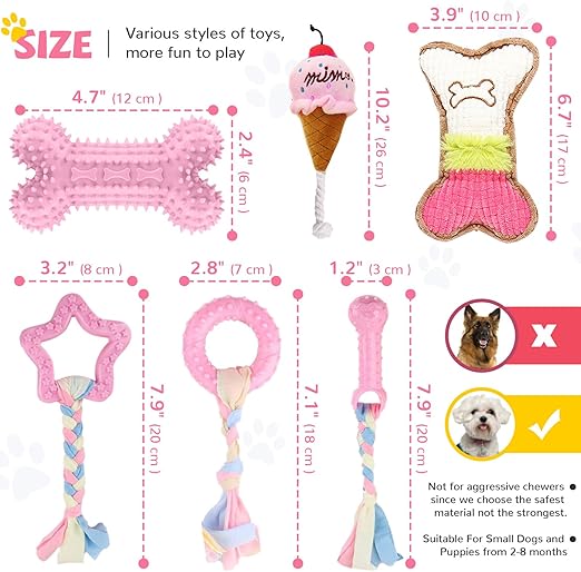 Paquete de 6 juguetes de dentición para cachorros, color rosa, de raza pequeña, juguetes masticables con cuerda, lindos juguetes de goma suave para cachorros, - Imagen 2